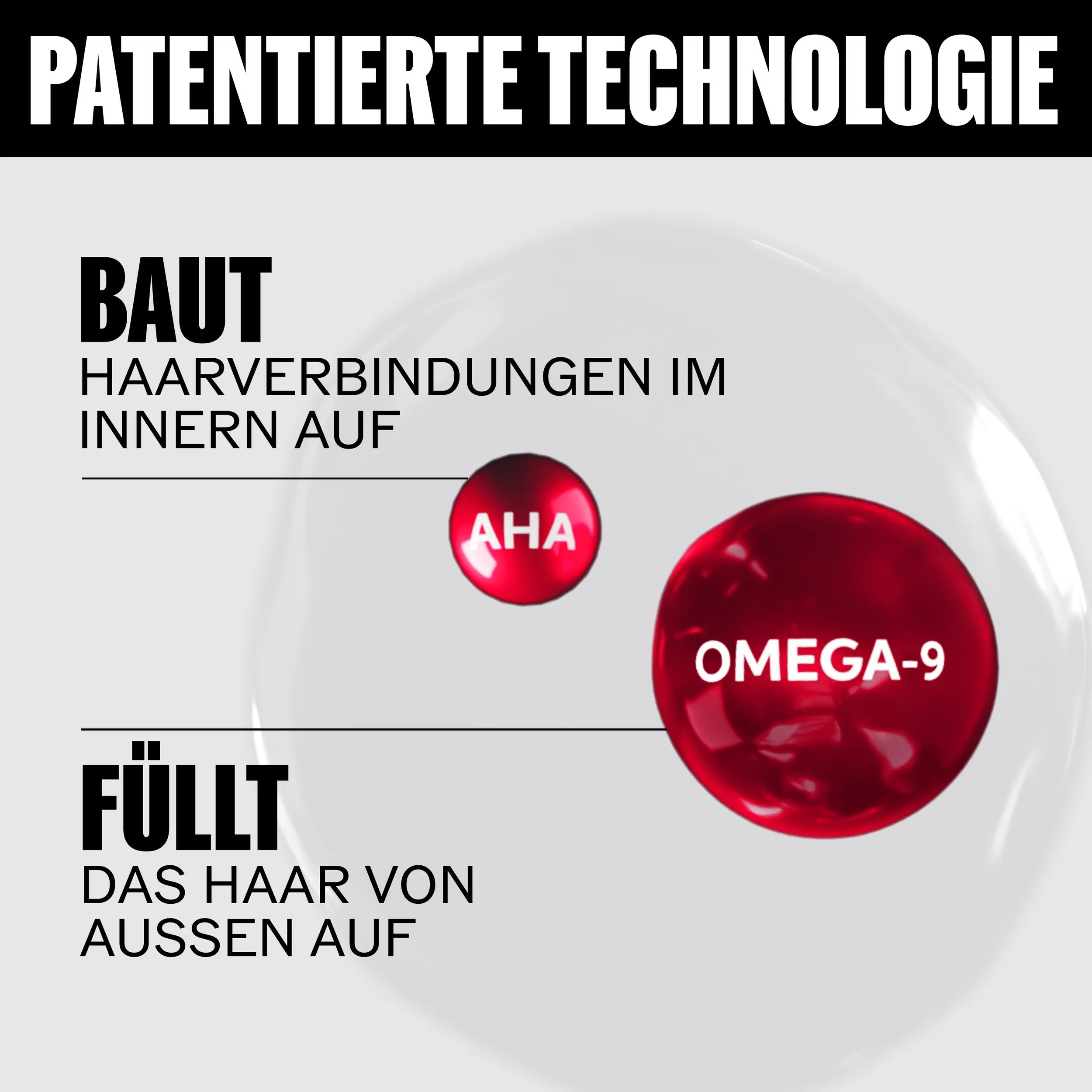 Grafik mit roten Kugeln und Text. AHA und Omega-9. Patentierte Technologie. Baut Haarverbindungen auf. Füllt das Haar von außen auf.