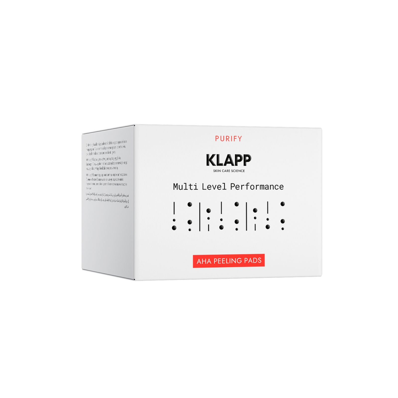 Verpackung der KLAPP AHA Peeling Pads mit Produktinformationen.