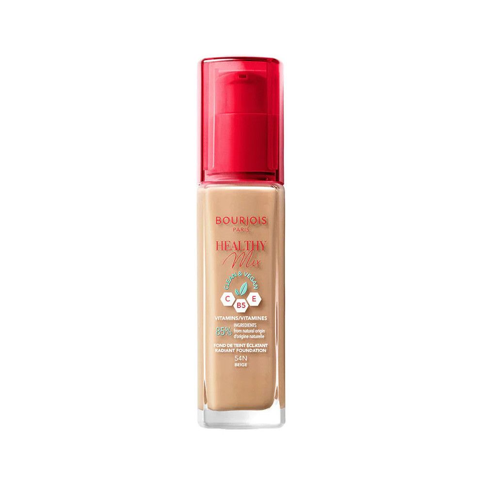 Bourjois Healthy Mix Foundation. Glasflasche mit rotem Pumpdeckel. Aufschrift: Healthy Mix, Vitamin C, E, B5. Farbton: 54N Beige.