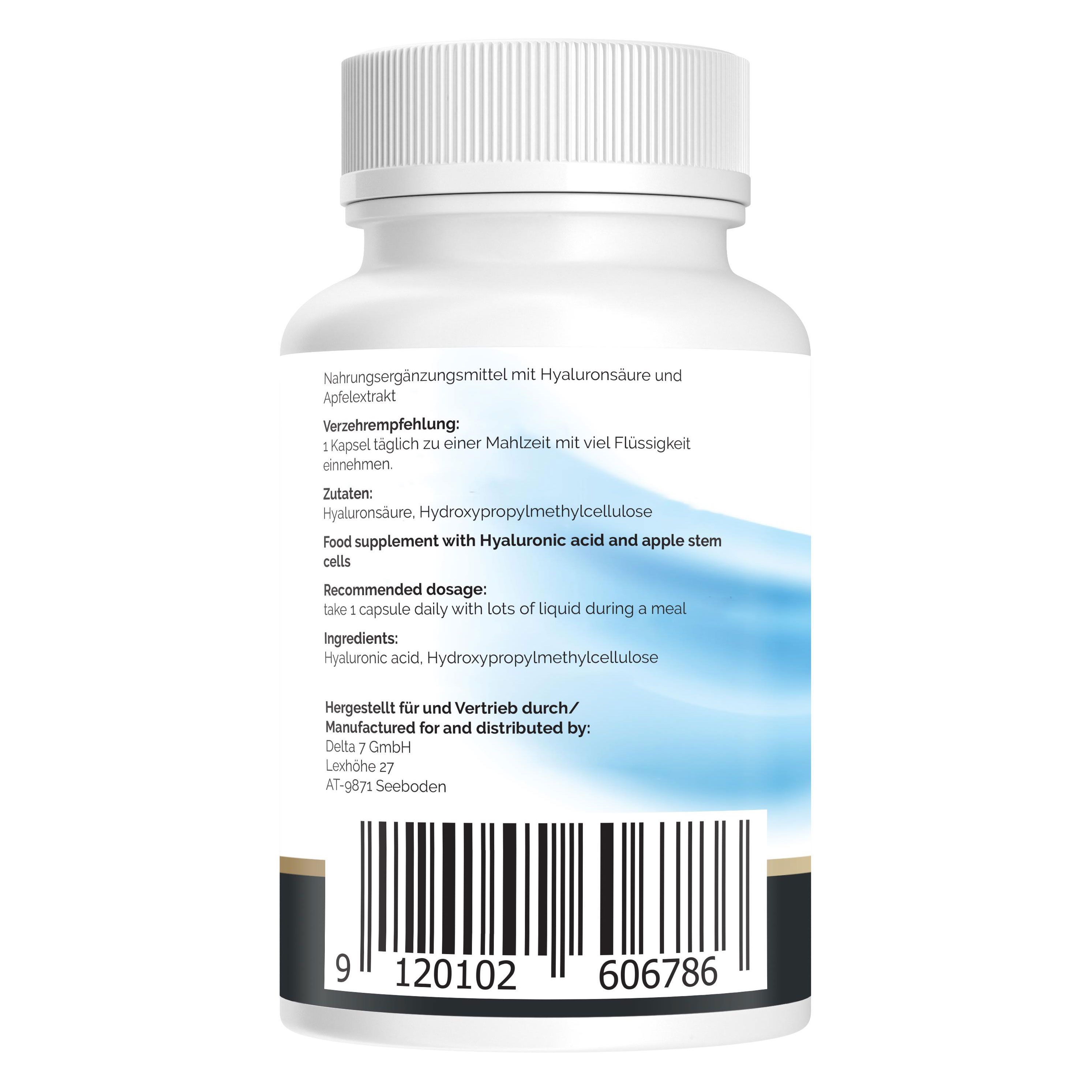 Rückseite einer weißen Flasche. Text: Nahrungsergänzungsmittel mit Hyaluronsäure und Apfelstammzellen. Barcode.