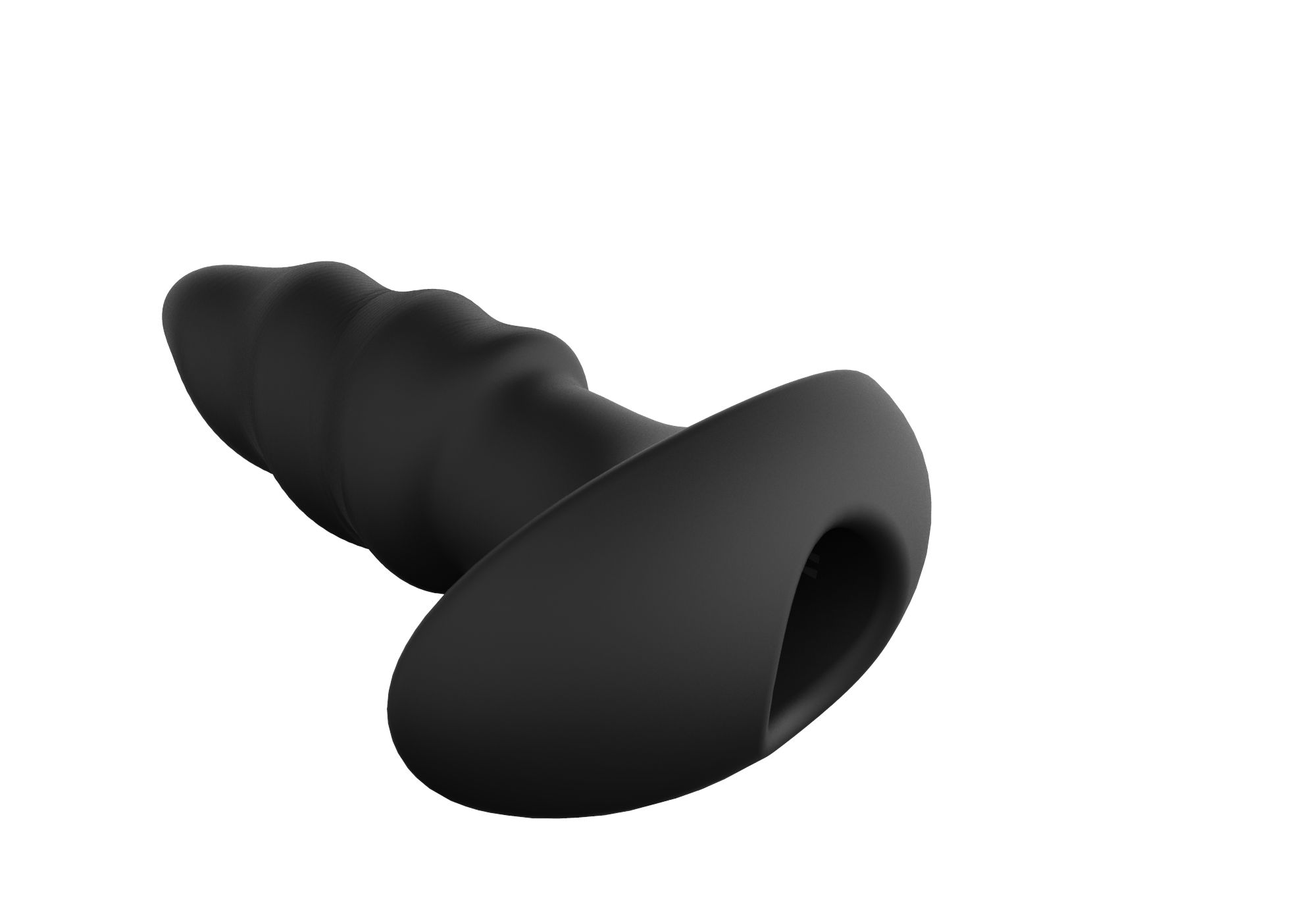 Schwarzer Analvibrator mit pilzförmigem Kopf und geriffelter Basis. Perspektivische Ansicht mit Loch.