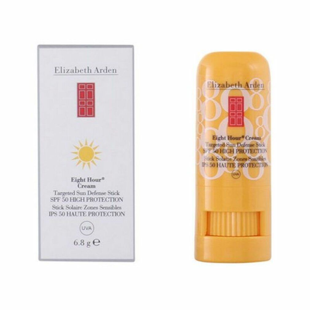 Sonnencreme-Stick und Verpackung von Elizabeth Arden. Text: Eight Hour Cream Targeted Sun Defense Stick SPF 50. SPF 50. 6,8g.