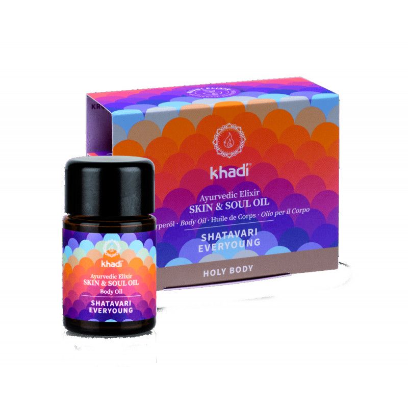Kleines Fläschchen und Schachtel mit Produktaufdruck. Aufschrift: Khadi, Skin & Soul Oil, Shatavari Everyoung.