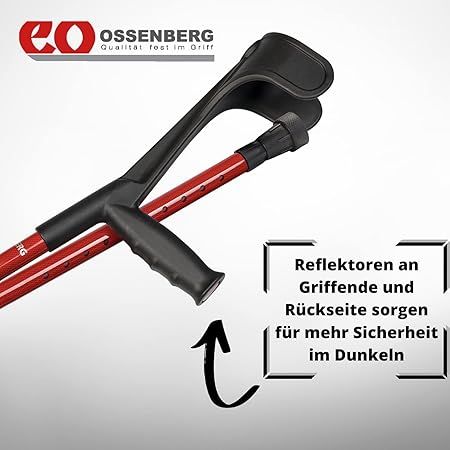 Gehstütze, rot und schwarz. Logo Ossenberg. Text: Reflektoren an Griffen und Rückseite sorgen für mehr Sicherheit im Dunkeln.
