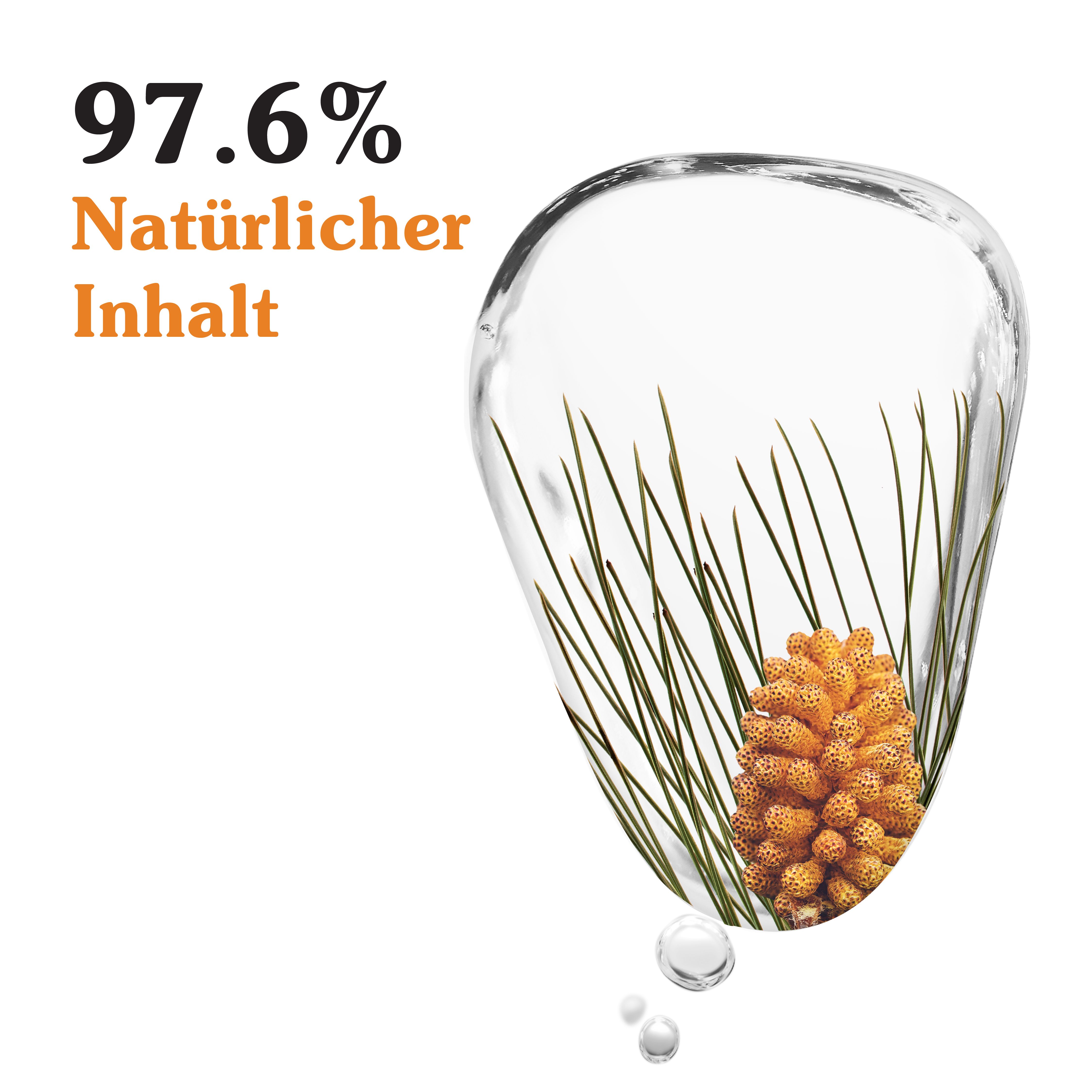 Transparente Flüssigkeit mit Kiefernzweig und Zapfen. Text: 97,6% natürlicher Inhalt.
