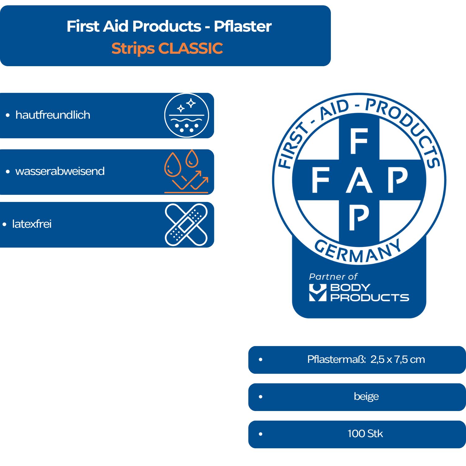 Blaues Informationsblatt. Text: First Aid Products - Pflaster Strips CLASSIC. Logos, Eigenschaften: hautfreundlich, wasserabweisend, latexfrei.