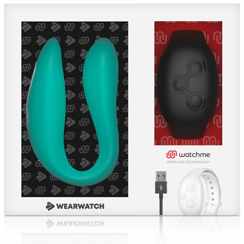 Verpackung mit türkisfarbenem Vibrator, schwarzer Armbanduhr und weißer Armbanduhr. Marke: Wearwatch und watchme.