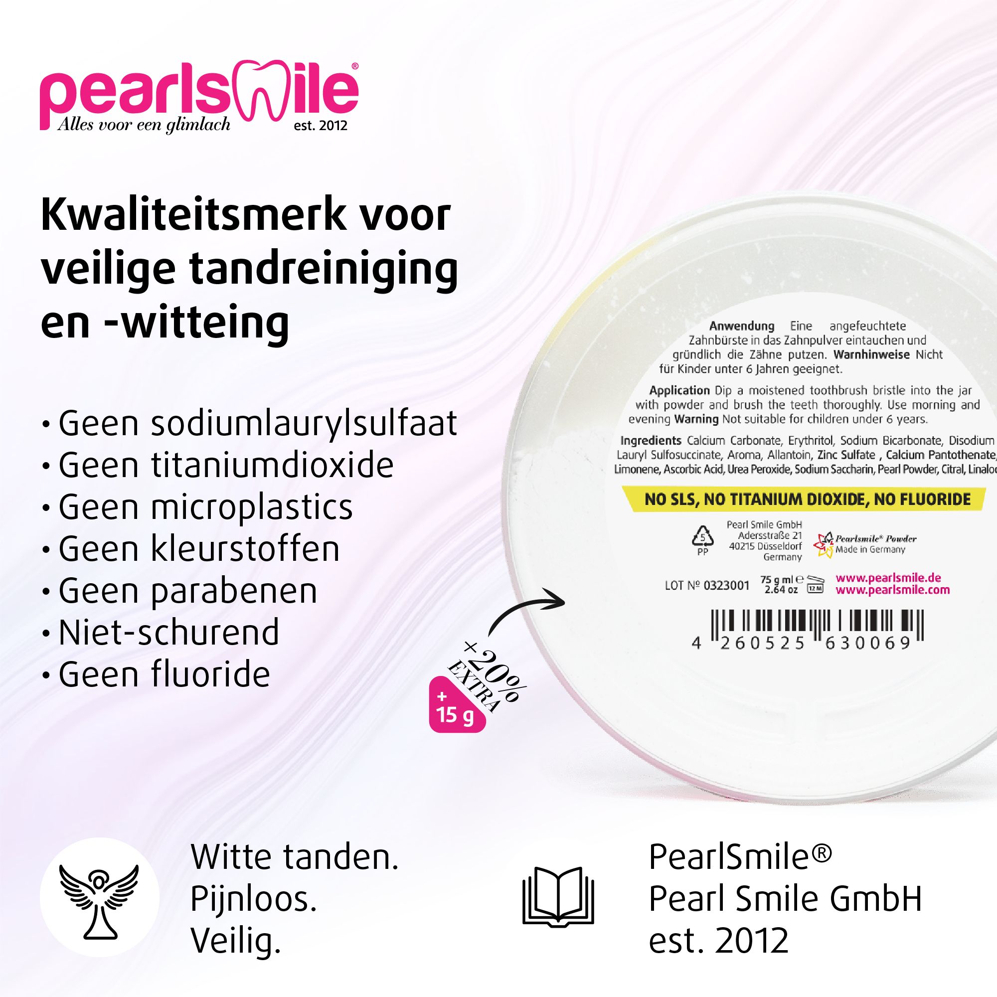 Pot whitening poeder. Tekst: Zonder fluoride, zonder microplastics. Kwaliteitsmerk voor veilige reiniging.