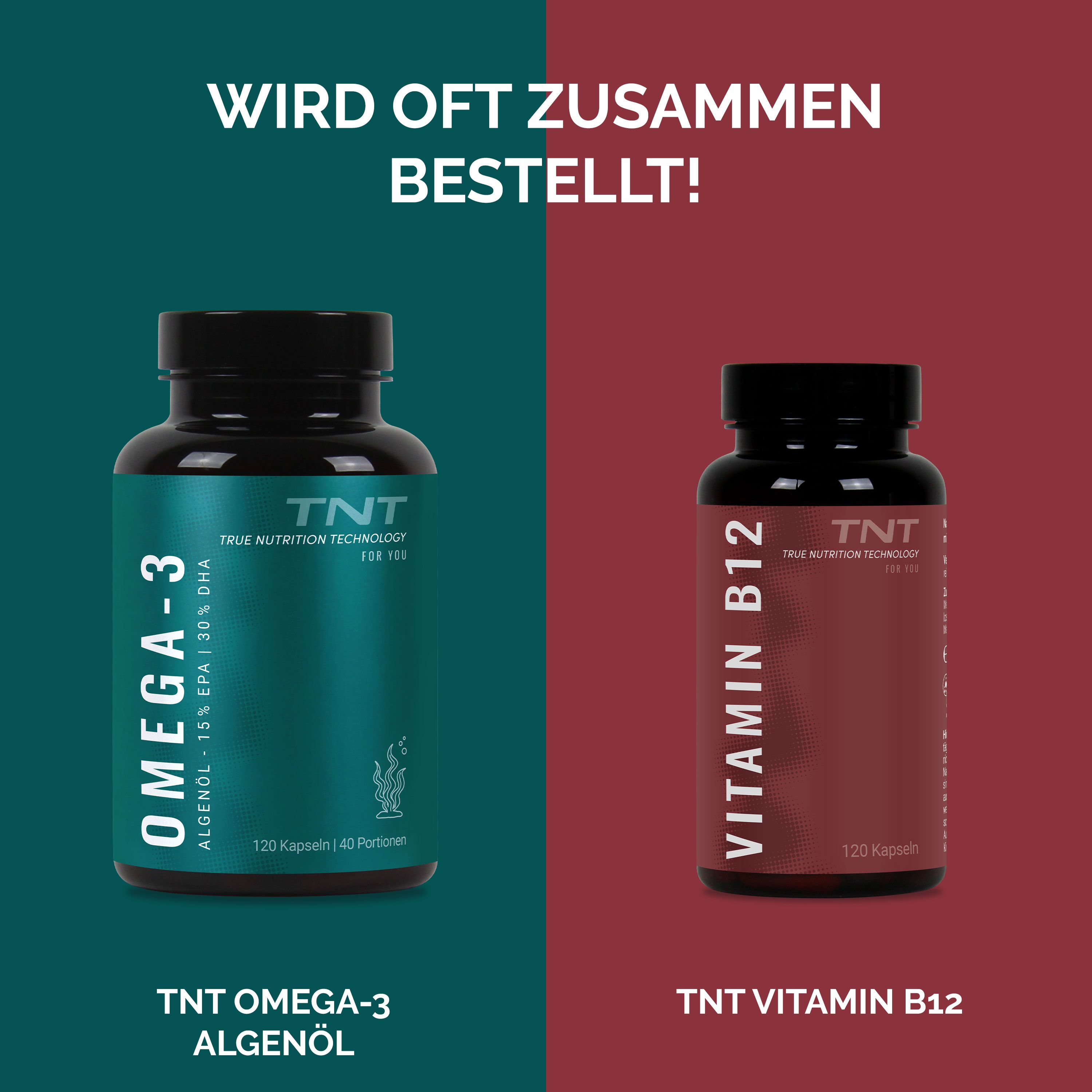 Vergleich von TNT Omega-3 Algenöl Kapseln und TNT Vitamin B12 Kapseln.