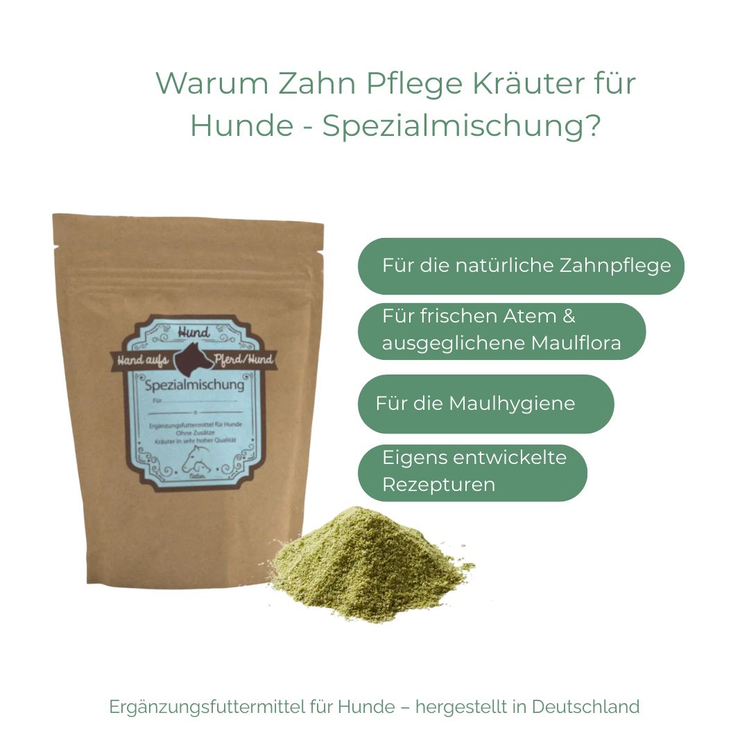 Brauner Beutel mit blauem Etikett. Text: Hand aufs Pferd/Hund, Spezialmischung. Kräuter daneben. Text in grünen Blasen.