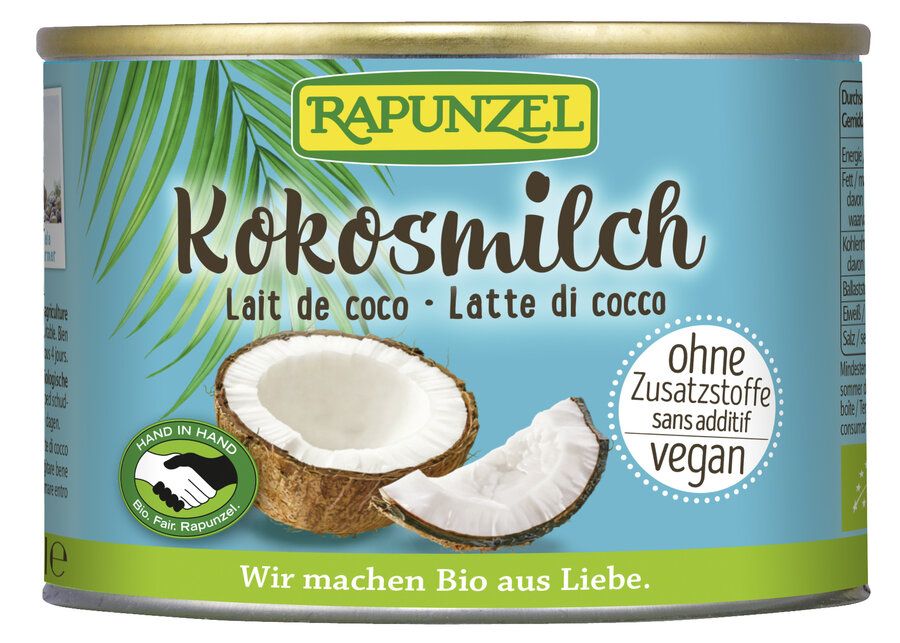 Dose Kokosmilch. Aufschrift: Kokosmilch, Lait de coco, Latte di cocco. Ohne Zusatzstoffe, vegan. Hand in Hand Logo.