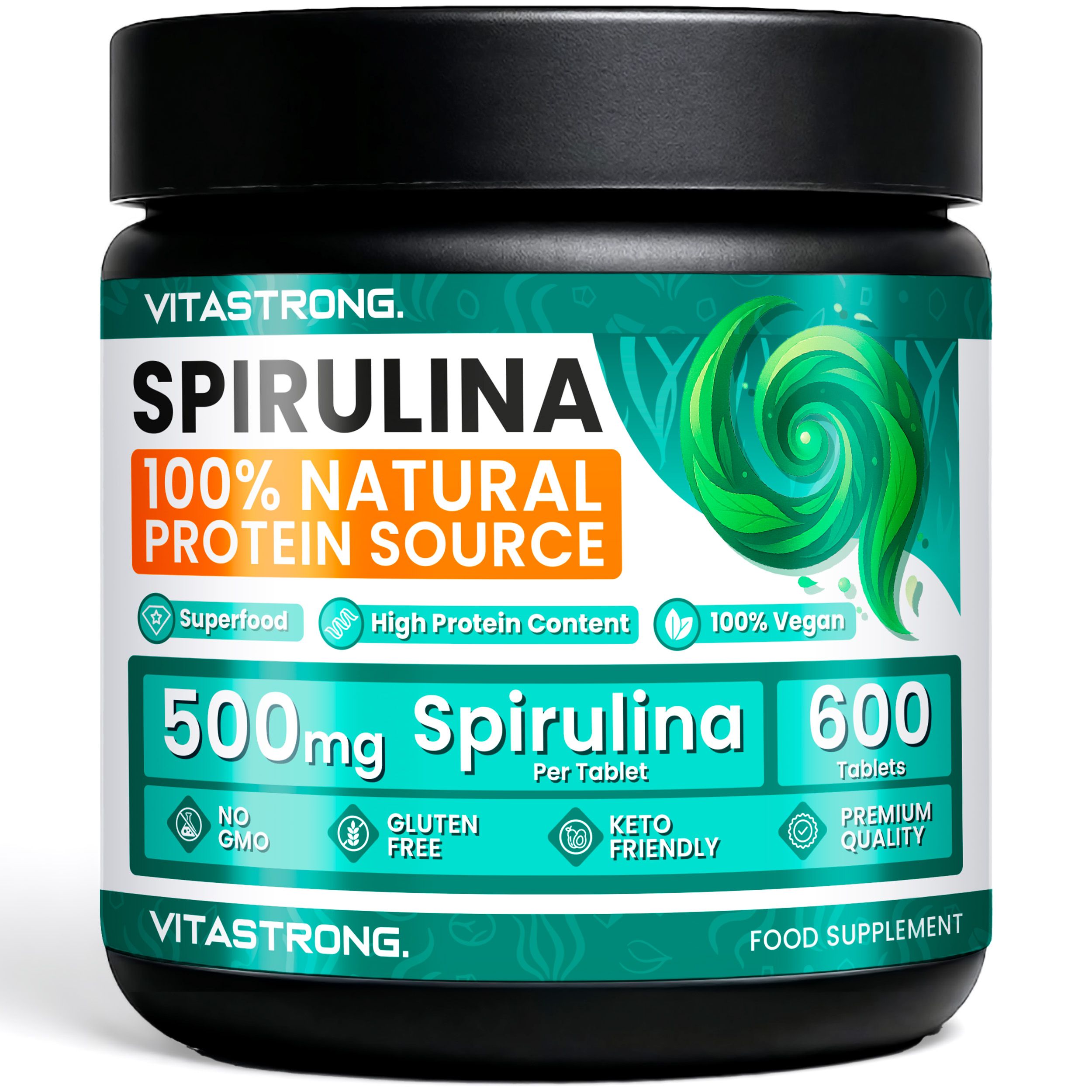 Dose mit Spirulina-Tabletten. Aufschrift: 100% natürliche Proteinquelle, 500mg pro Tablette, 600 Tabletten. Vegan, glutenfrei.