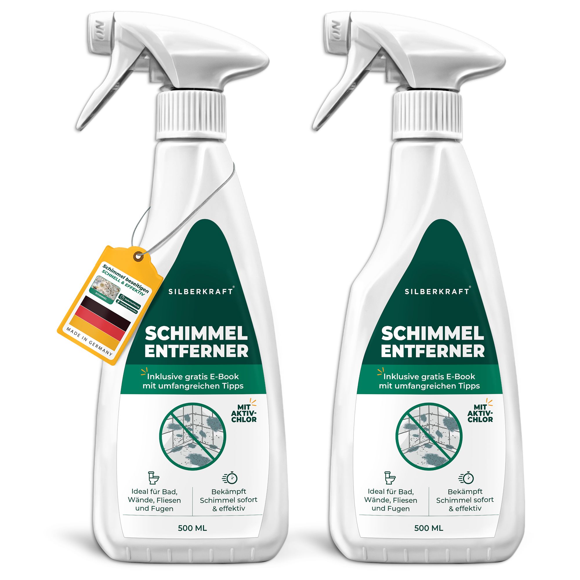 Zwei weiße Sprühflaschen mit grünem Etikett. Text: Schimmelentferner. Mit Aktiv-Chlor. Inklusive E-Book. 500 ml.