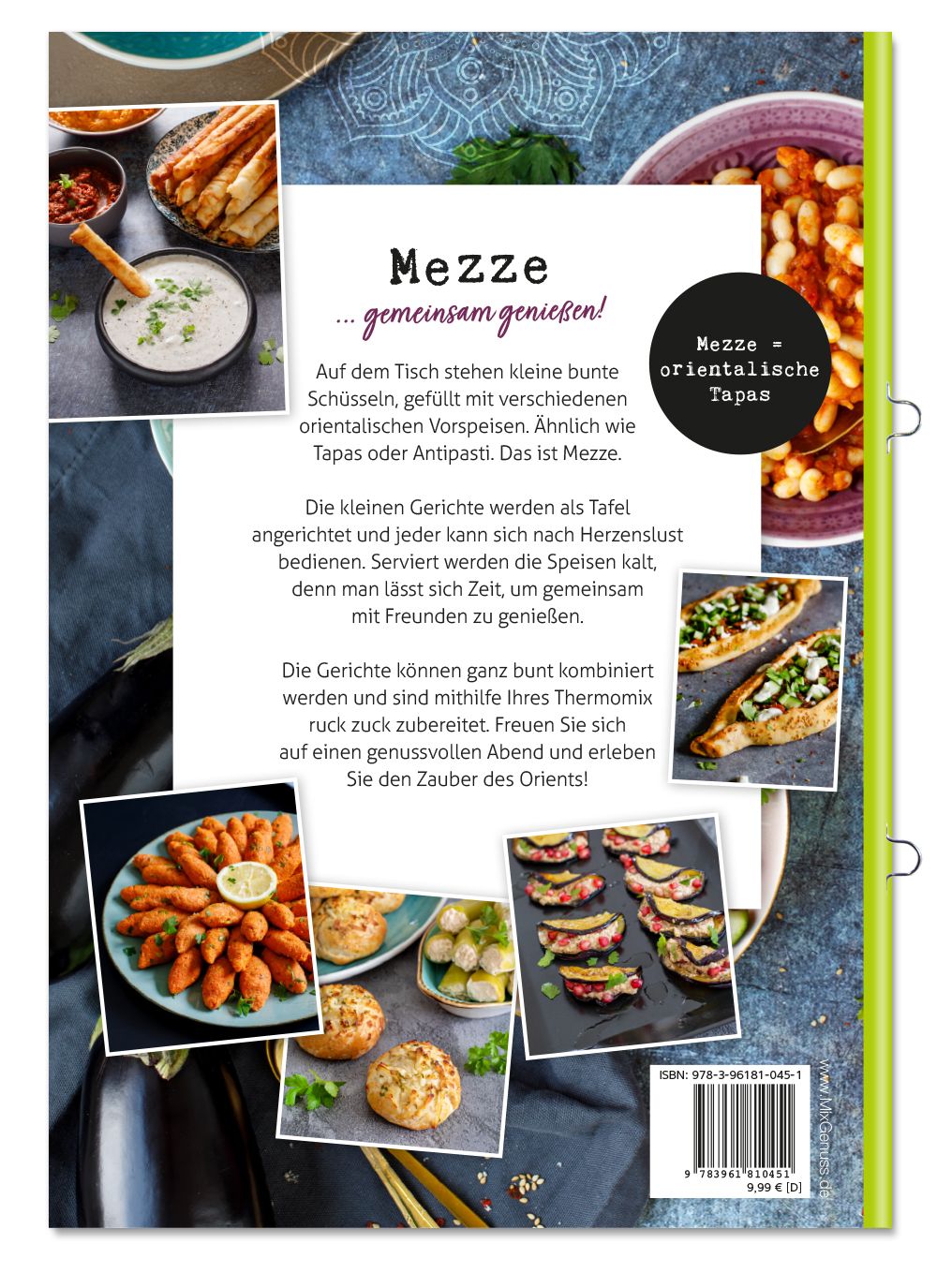 Rückseite eines Kochbuchs mit Mezze-Gerichten. Text: Mezze - orientalische Tapas. ISBN und Preis.