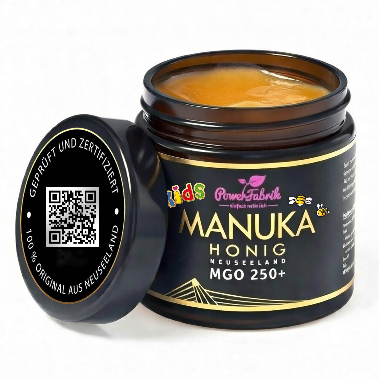 Glas mit Manuka Honig, Deckel daneben. Auf dem Deckel steht "Geprüft und Zertifiziert". Auf dem Glas steht "Manuka Honig MGO 250+".