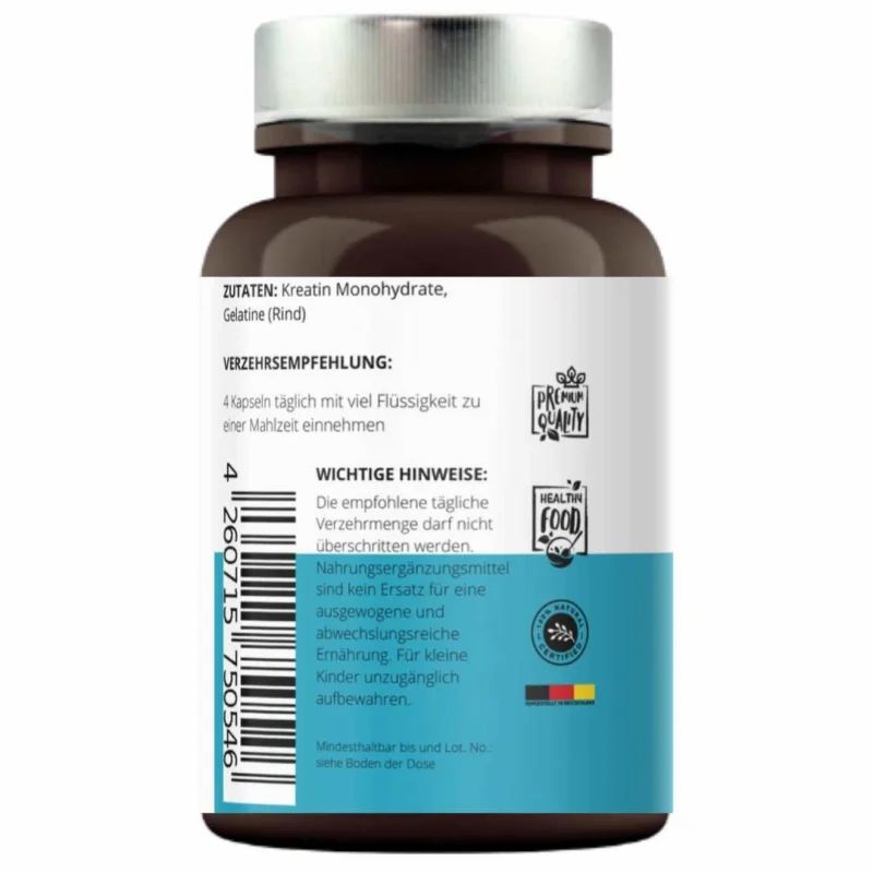 Rückseite einer braunen Flasche mit weißen und blauen Etiketten. Text: Kreatin Monohydrat, Gelatine, Verzehrempfehlung, wichtige Hinweise.