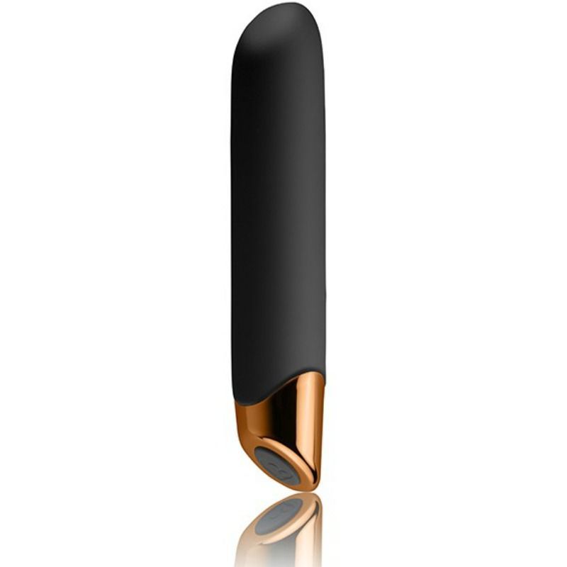 Schwarz-goldener Vibrator. Zylindrische Form mit abgerundeter Spitze. Unterteil goldfarben.