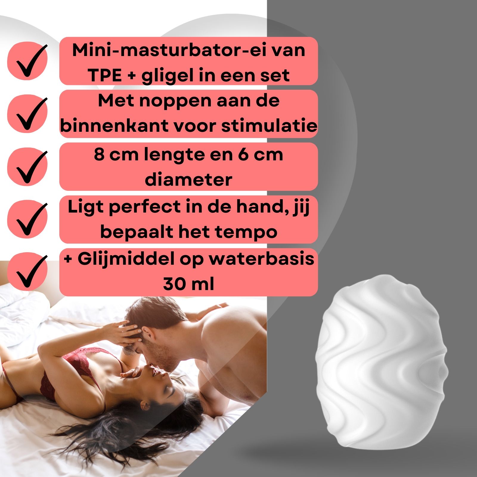 Mini-masturbator ei, wit, met tekst. Een stel in bed en het ei worden afgebeeld. Tekst: 8cm lang & 6cm diameter.