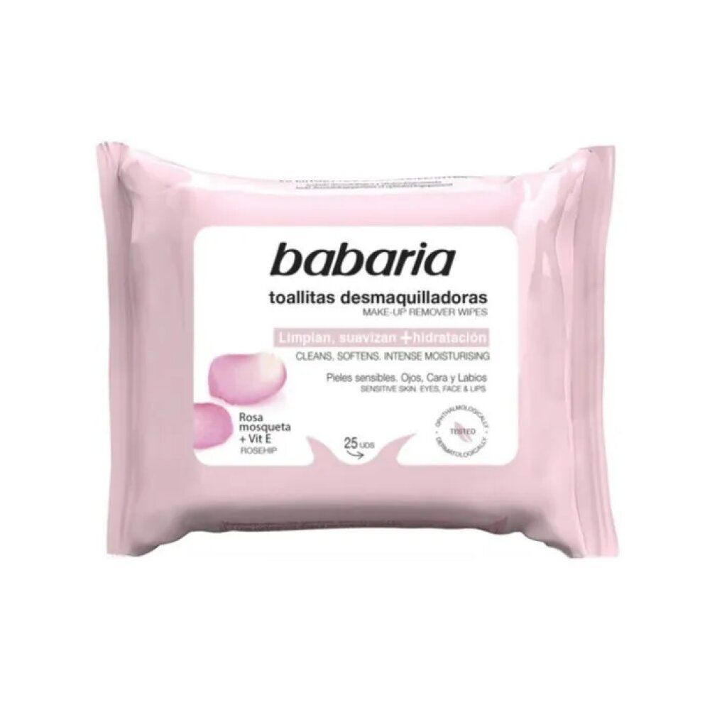Rosa Mosqueta Make Up Remover Wipes von Babaria. Rosa Verpackung mit Produktnamen und Inhaltsstoffen. 25 Tücher.
