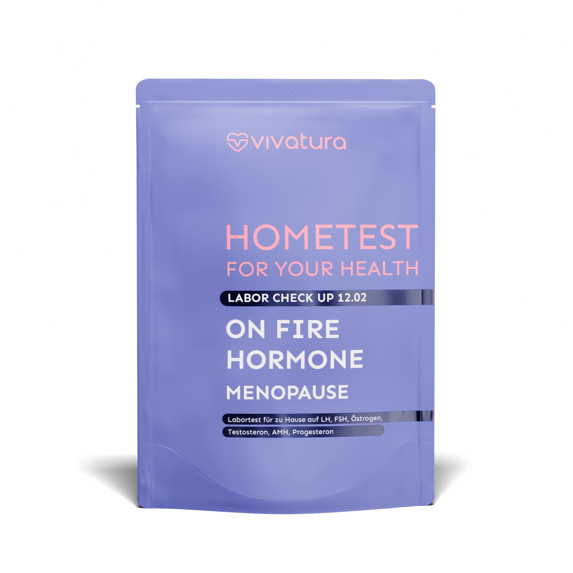 Verpackung mit vivatura® Logo. Aufschrift: Hometest für Ihre Gesundheit, Labor Check Up, On Fire Hormone Menopause.