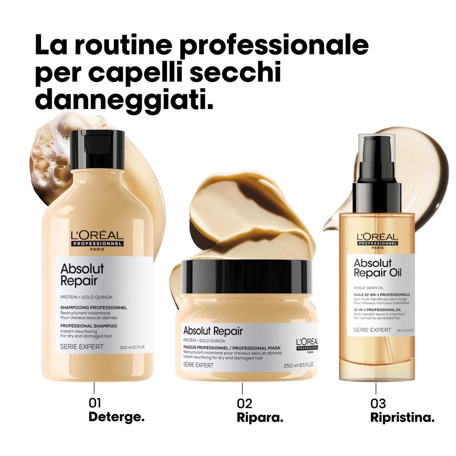 Drei Produkte von L'Oréal Professionnel: Shampoo, Maske und Öl. Text: Absolut Repair. Für trockenes, geschädigtes Haar.