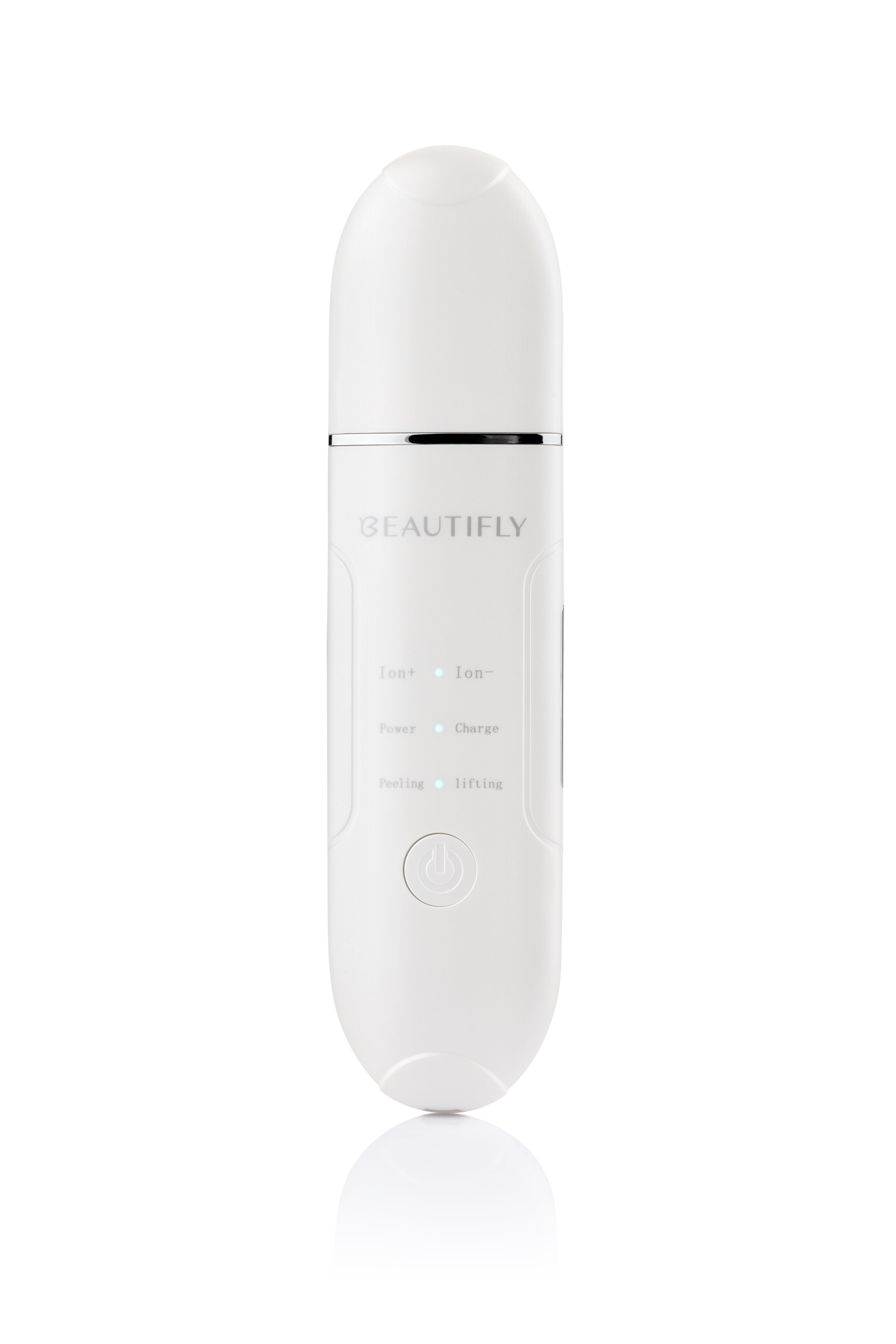 Weißes BEAUTIFLY B-Scrub Young Ultraschallpeelinggerät. Mit Touch-, Ion-, Power-, Charge-, Peeling- und Lifting-Funktionen. Mit Ein-/Ausschalter.