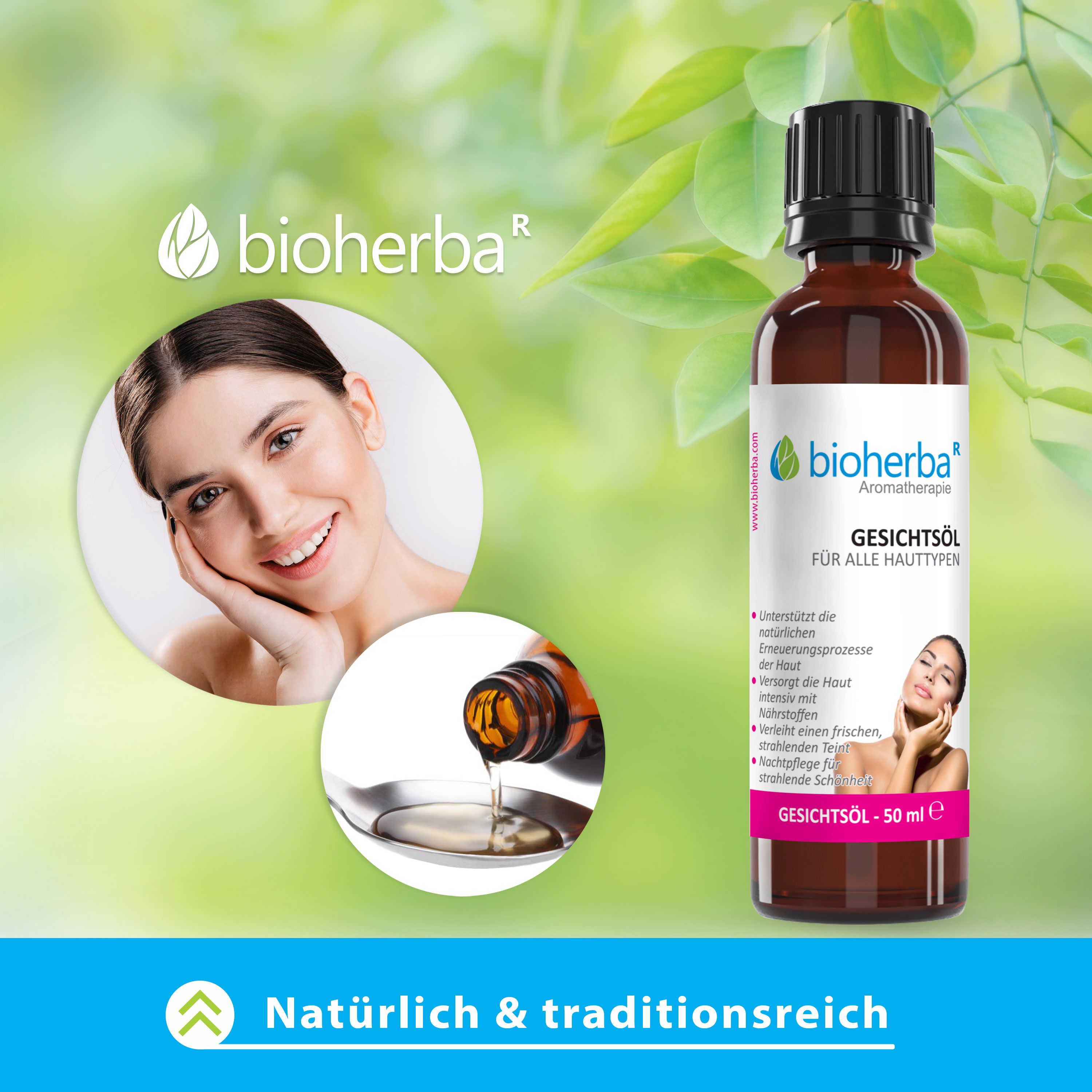Bioherba Gesichtsöl Flasche mit einem Kreis, der eine lächelnde Frau und einen Löffel mit Öl zeigt.