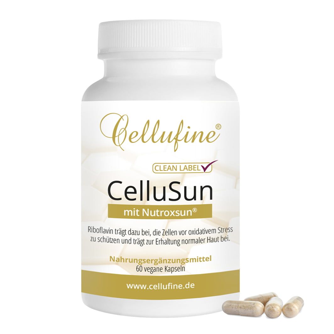 Weiße Flasche mit Cellufine CelluSun Kapseln. Aufschrift: CelluSun mit Nutroxsun, 60 vegane Kapseln. Einige Kapseln liegen daneben.