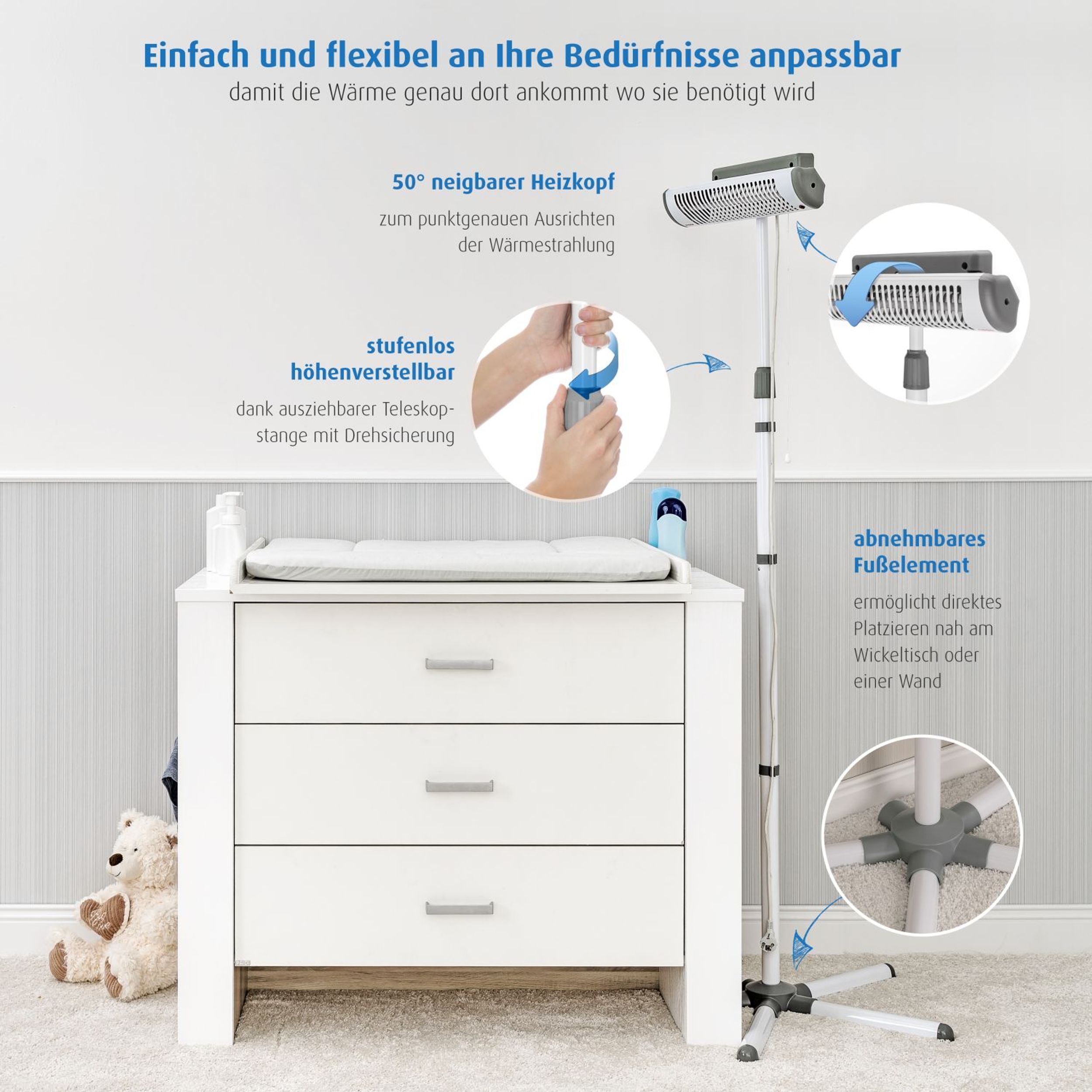 Standheizstrahler mit verstellbarem Kopf und Teleskopstange, abnehmbarem Fuß.