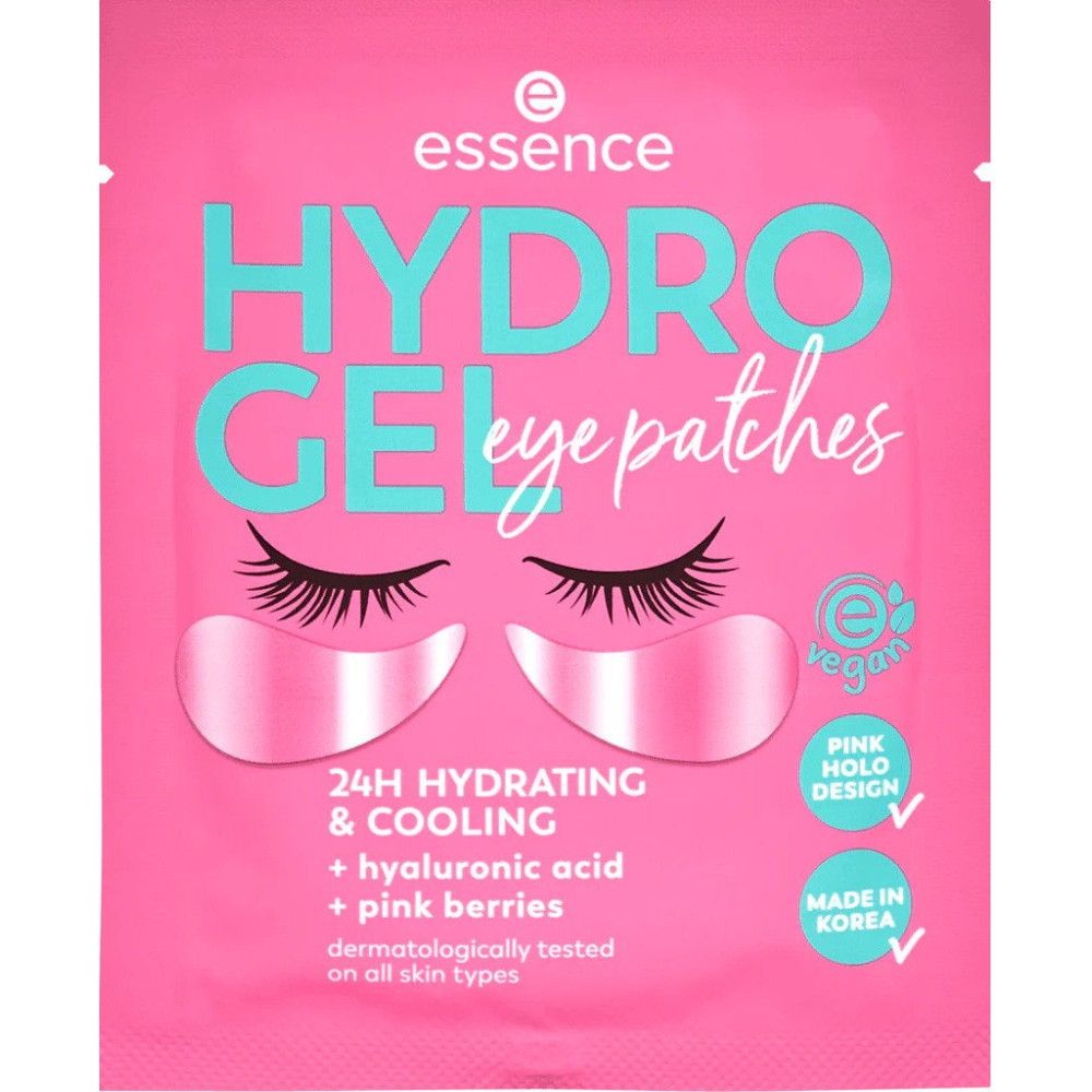 Rosa Verpackung mit Schriftzug 'essence HYDRO GEL eye patches'. Vegan-Logo. Augen-Illustration.