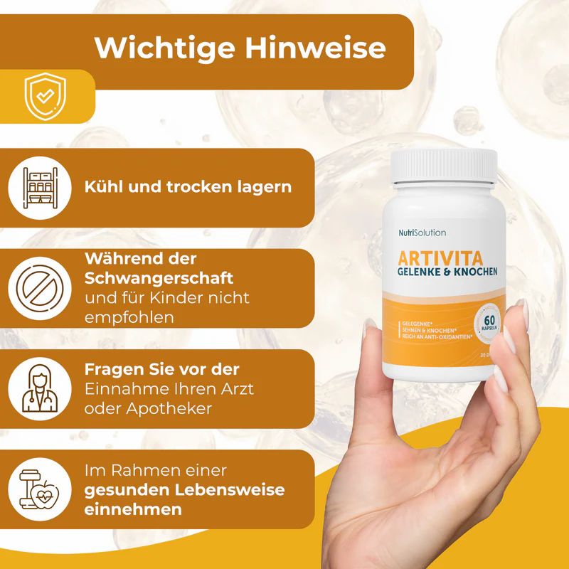 Hand hält Flasche ArtiVita+ mit Aufschrift "Gelenke & Knochen". Text: "60 Kapseln". Hinweise: Kühl und trocken lagern, nicht für Schwangere.