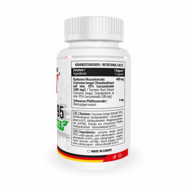 Weiße Flasche mit MST Curcumin 95 Gold. Rückseite mit Nährwertangaben und Inhaltsstoffen. Hergestellt in Europa.