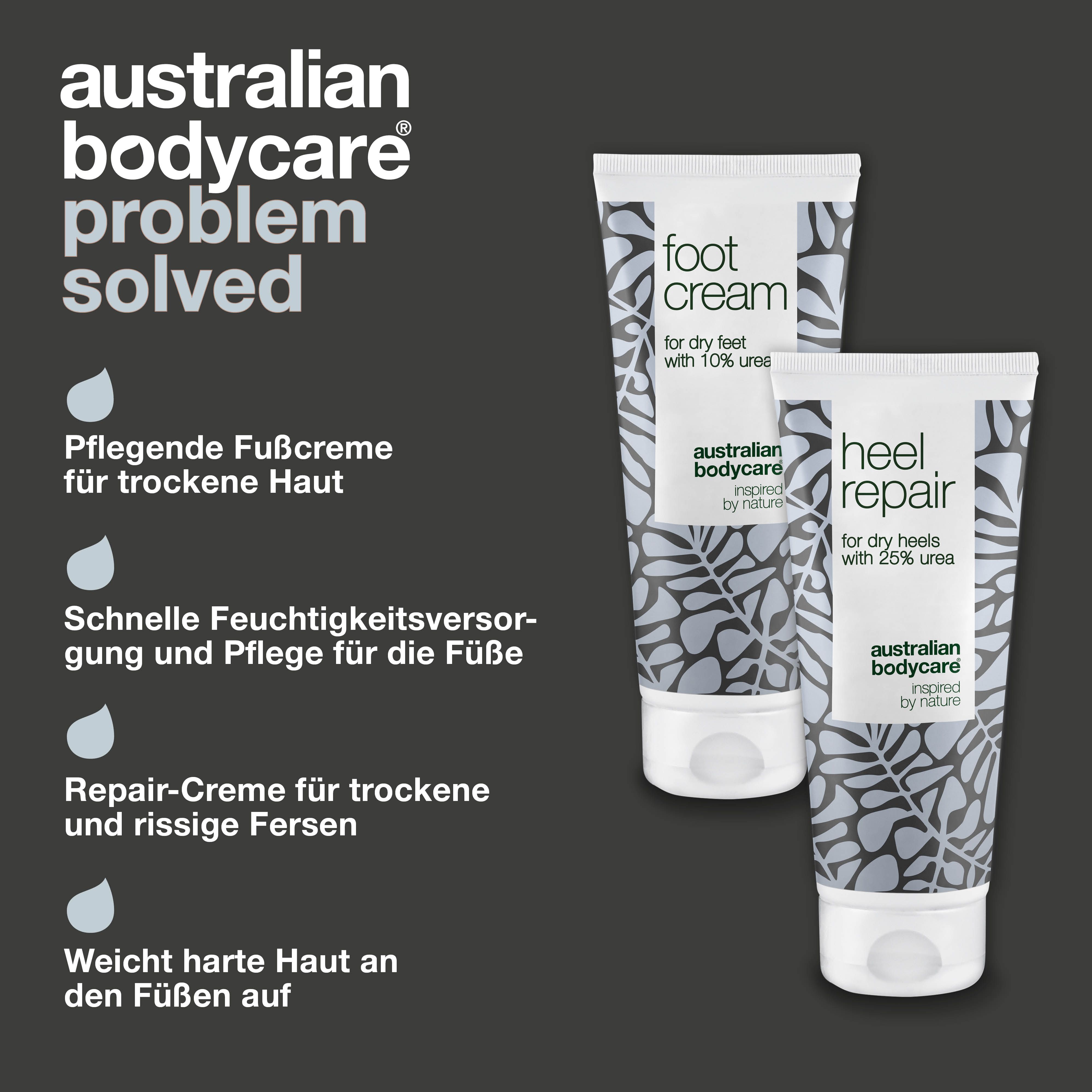 Zwei Tuben Fußcreme und Fersenreparatur. Text: Pflegende Fußcreme, schnelle Feuchtigkeitsversorgung, Repair-Creme.