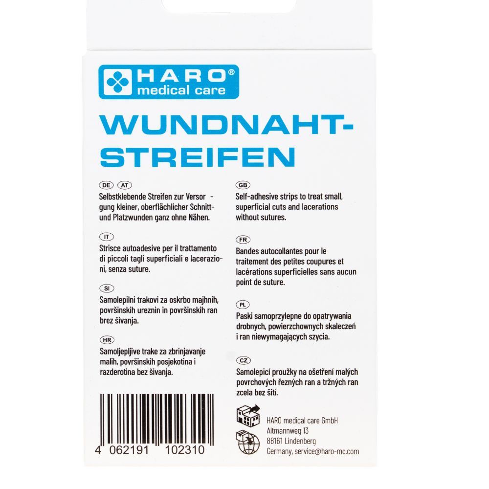 Rückseite der Haro Wundnahtstreifen-Verpackung. Text in mehreren Sprachen. Medizinprodukt. Barcode und Adresse.