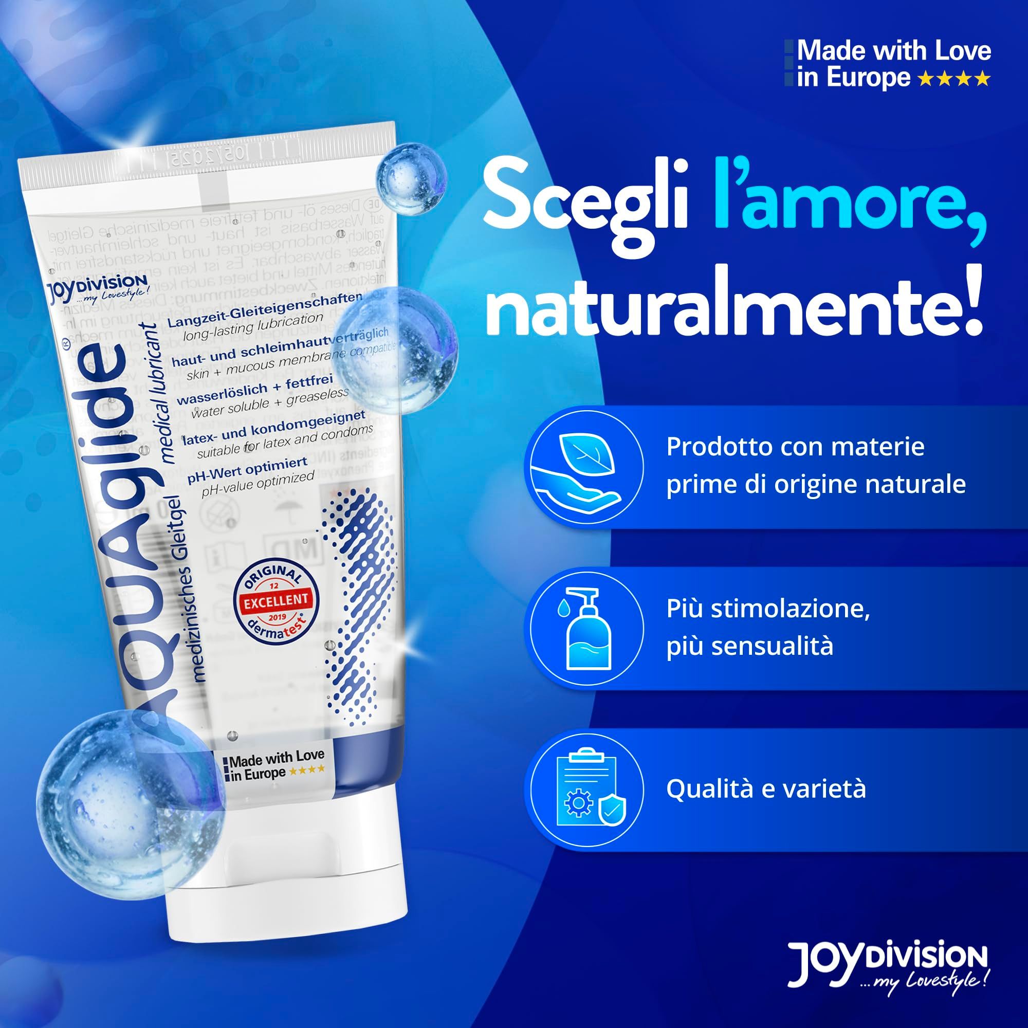 Aqua glide Gleitgel Tube mit Icons für natürliche Inhaltsstoffe und Qualität.