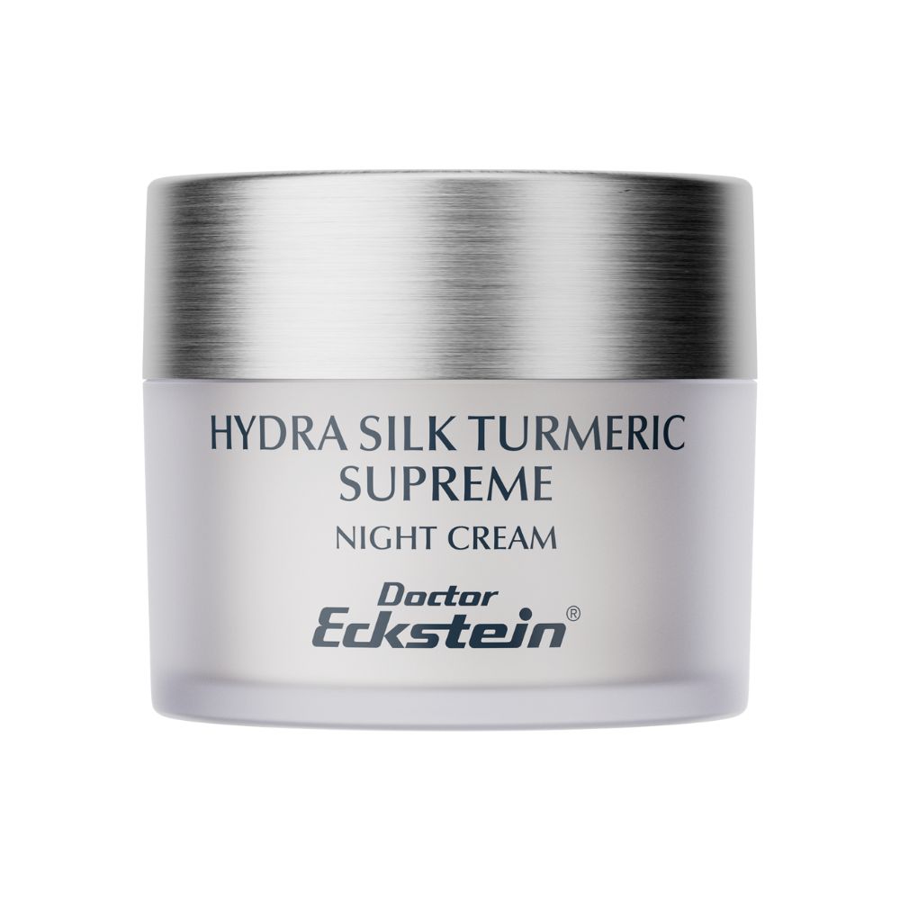 Creme-Tiegel mit silbernem Deckel. Aufschrift: Hydra Silk Turmeric Supreme Night Cream. Marke: Doctor Eckstein.