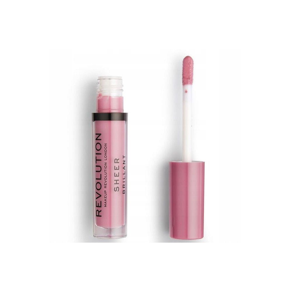 Geöffneter Lipgloss mit rosa Inhalt. Aufschrift: REVOLUTION, SHEER, BRILLANT. Applikator mit rosa Griff. Transparente Tube.