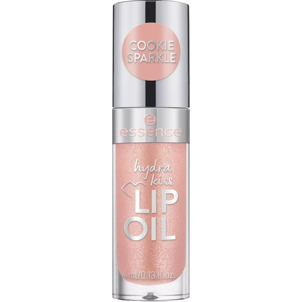 Essence Hydra Kiss Lip Oil in Cookie Sparkle, silberner Applikator, rosafarbener Glanz.