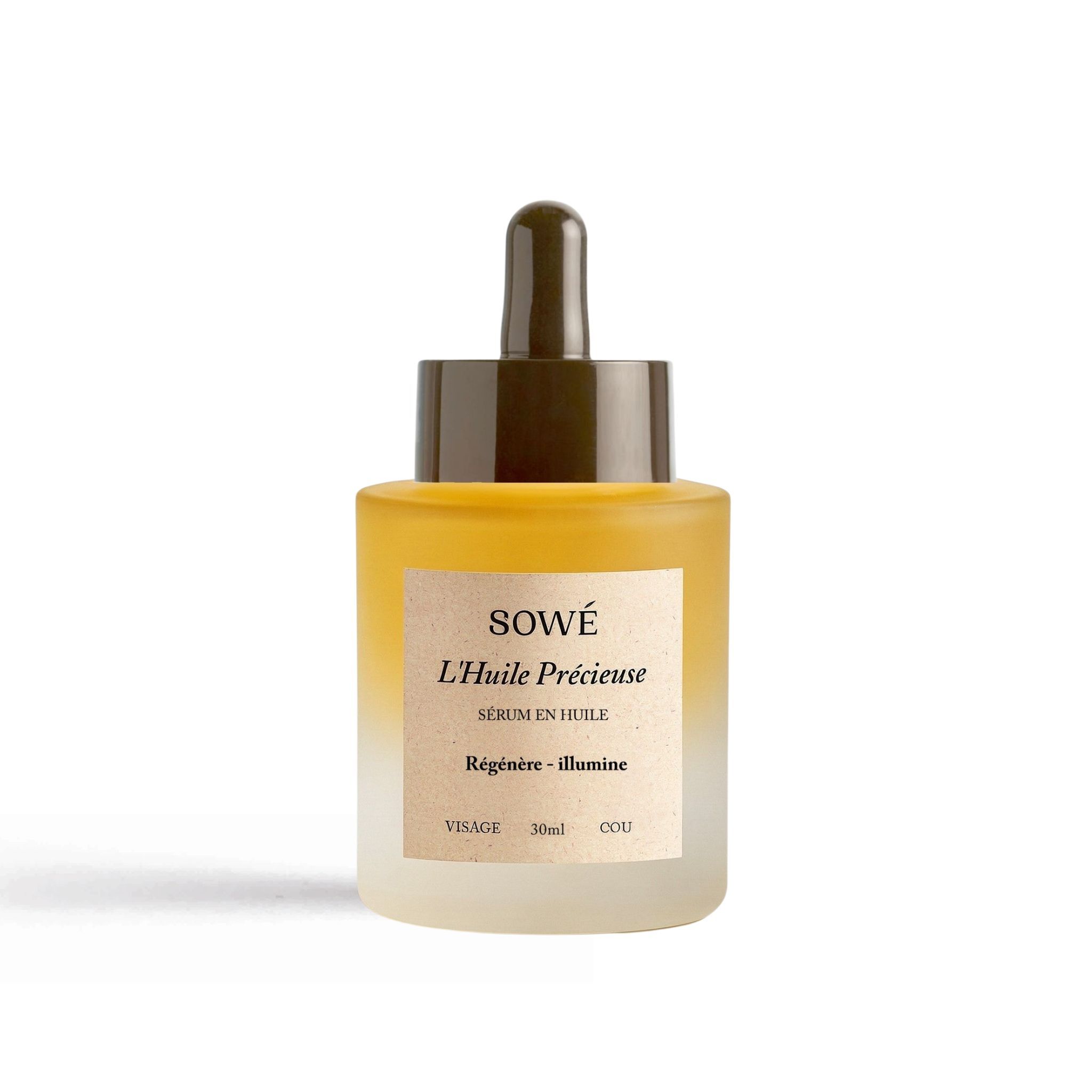 SOWÉ L'Huile Précieuse Serum in Glasflasche mit Pipettenverschluss. Gelbes Öl.
