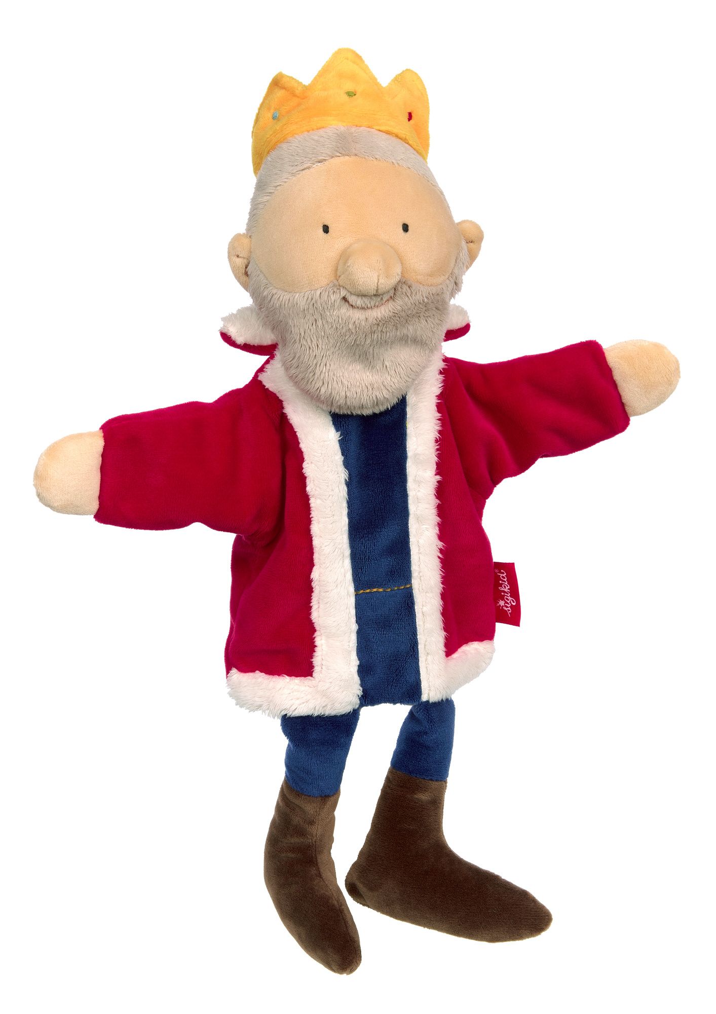 Handpuppe König. Stoffpuppe mit gelber Krone, rotem Mantel mit weißem Kragen, blauem Hemd und Hose, braunen Stiefeln. Marke sigikid.
