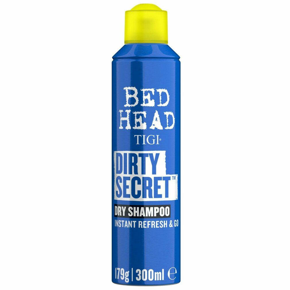 Blaue Sprühflasche mit gelbem Deckel. Bed Head Dirty Secret Trockenshampoo. Text auf der Flasche: Dry Shampoo, 179g/300ml.