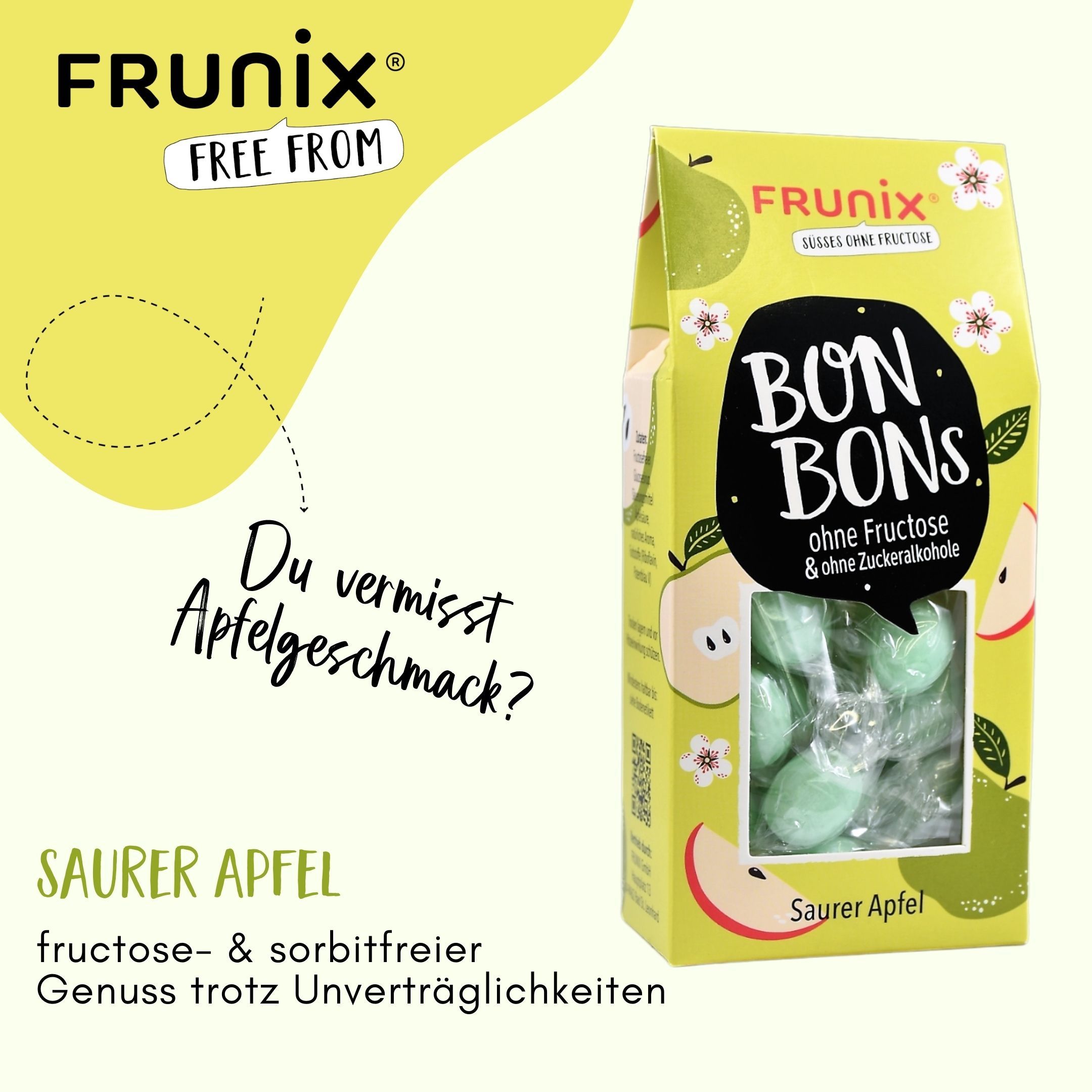 Bonbons-Verpackung mit grünen Bonbons. Aufschrift: Frunix, Bonbons, ohne Fructose & Zuckeralkohol. Geschmack: Saurer Apfel. Fructose- & sorbitfrei.