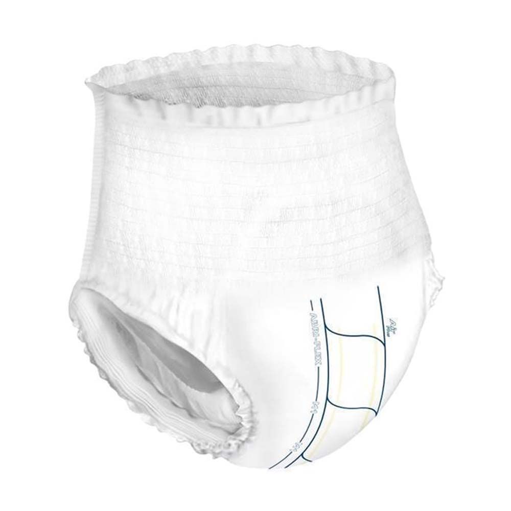 Abena Abri-Flex Premium M1. Weiße Inkontinenzhose. Elastischer Bund. Blaue und gelbe Markierungen. Innenansicht.