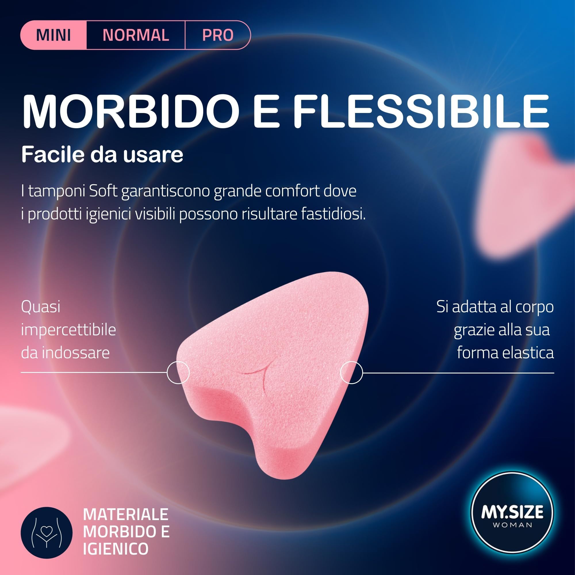 MY.SIZE Woman Soft Tampon Mini. Nahaufnahme eines einzelnen, rosa, dreieckigen Tampons. Weich und flexibel.