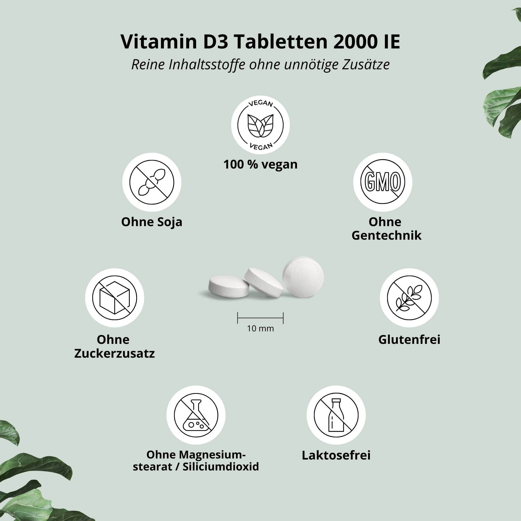 Drei weiße Tabletten, 10 mm. Ohne Soja, Zuckerzusatz, Magnesiumstearat, Laktose, Gentechnik, Gluten.