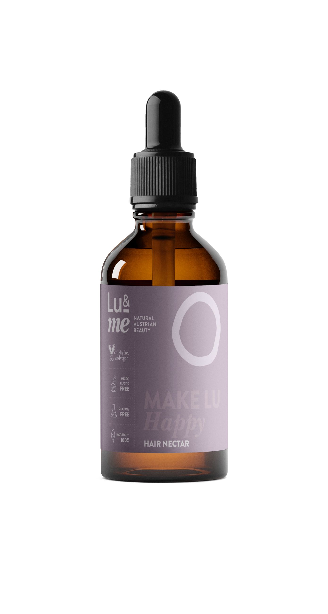 Braune Glasflasche mit Pipette, lila Etikett. Aufschrift: MAKE LU HAPPY HAIR NECTAR. Logo: Lu&me.