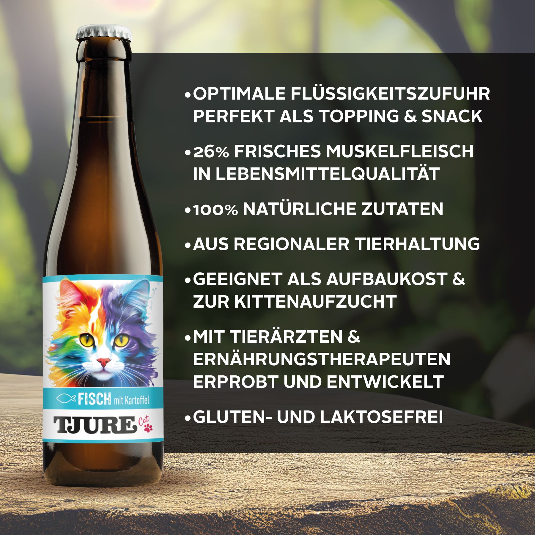 Flasche Tjure Katze Fisch mit Kartoffel. Text: Optimale Flüssigkeitszufuhr, 26% frisches Muskelfleisch, gluten- und laktosefrei.