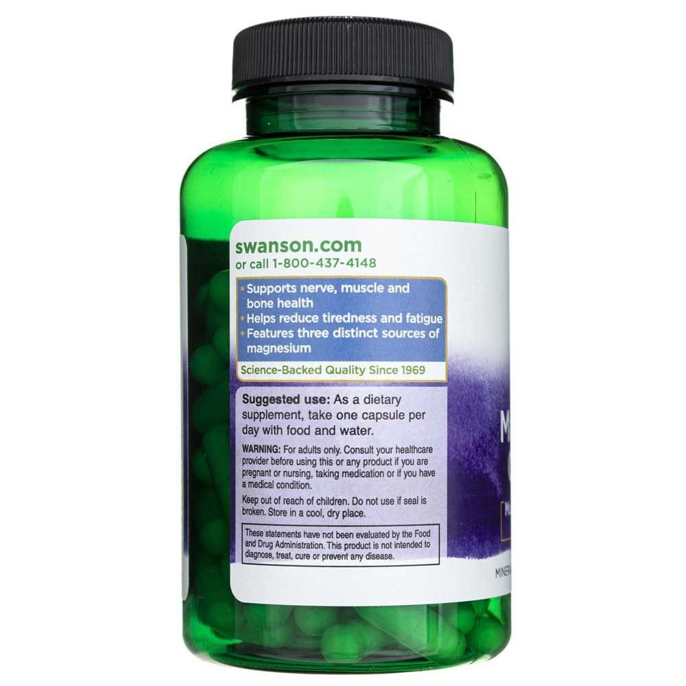 Rückseite einer Flasche Swanson Dreifach-Magnesium-Komplex 400 mg mit Hinweisen zur Anwendung und Warnungen.