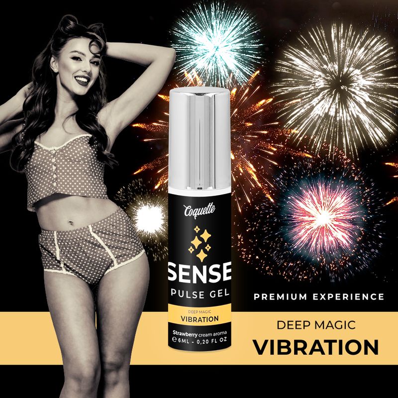 Produktflasche mit Aufschrift: SENSE Pulse Gel, Deep Magic Vibration. Frau in Retro-Kleidung vor Feuerwerk.