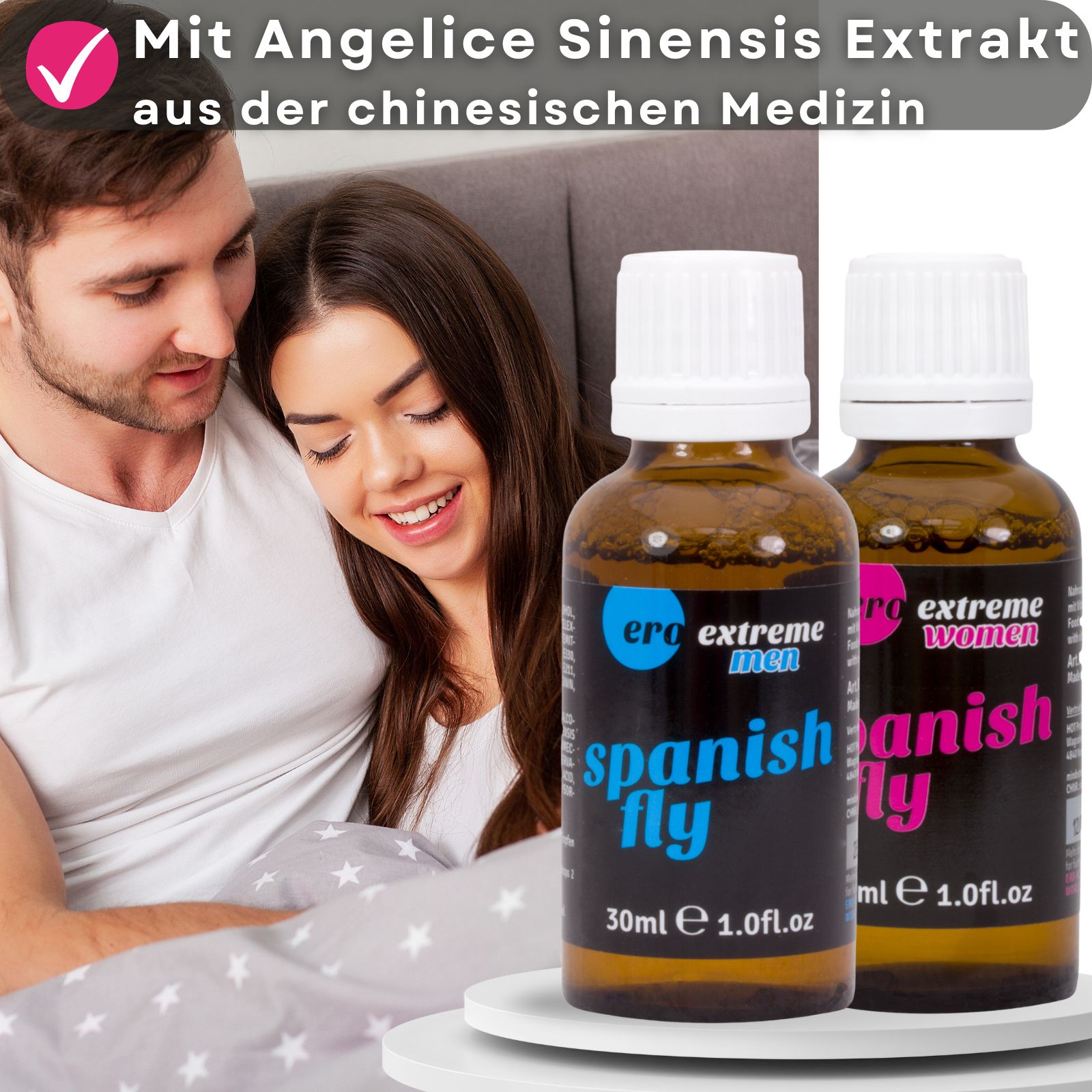 Zwei Flaschen mit "Spanish Fly". Auf den Flaschen steht "extreme men" und "extreme women". Im Hintergrund ein Paar.